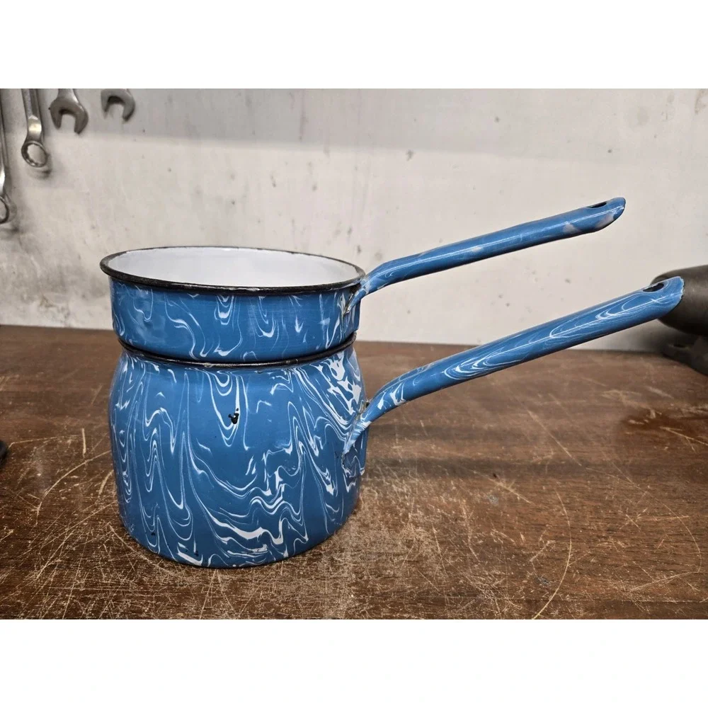 Vintage Blue White Swirl Graniteware Enamel Saucepan Nesting Pot Set of 2 +Spoon